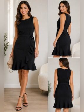 Calvin Klein Black Ruffle Hem Sheath Dress Tie Waist Sleeveless Size 2